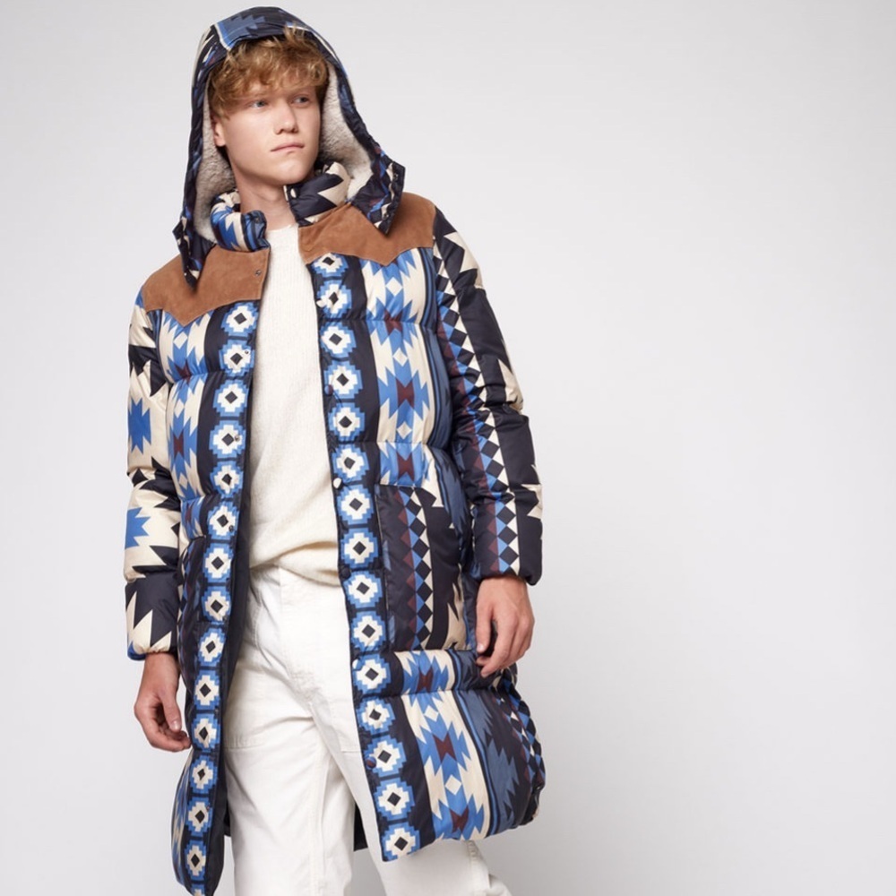 Blast Off Blue Aztec Patterned Men's Puffer Coat - Picture 13 of 13